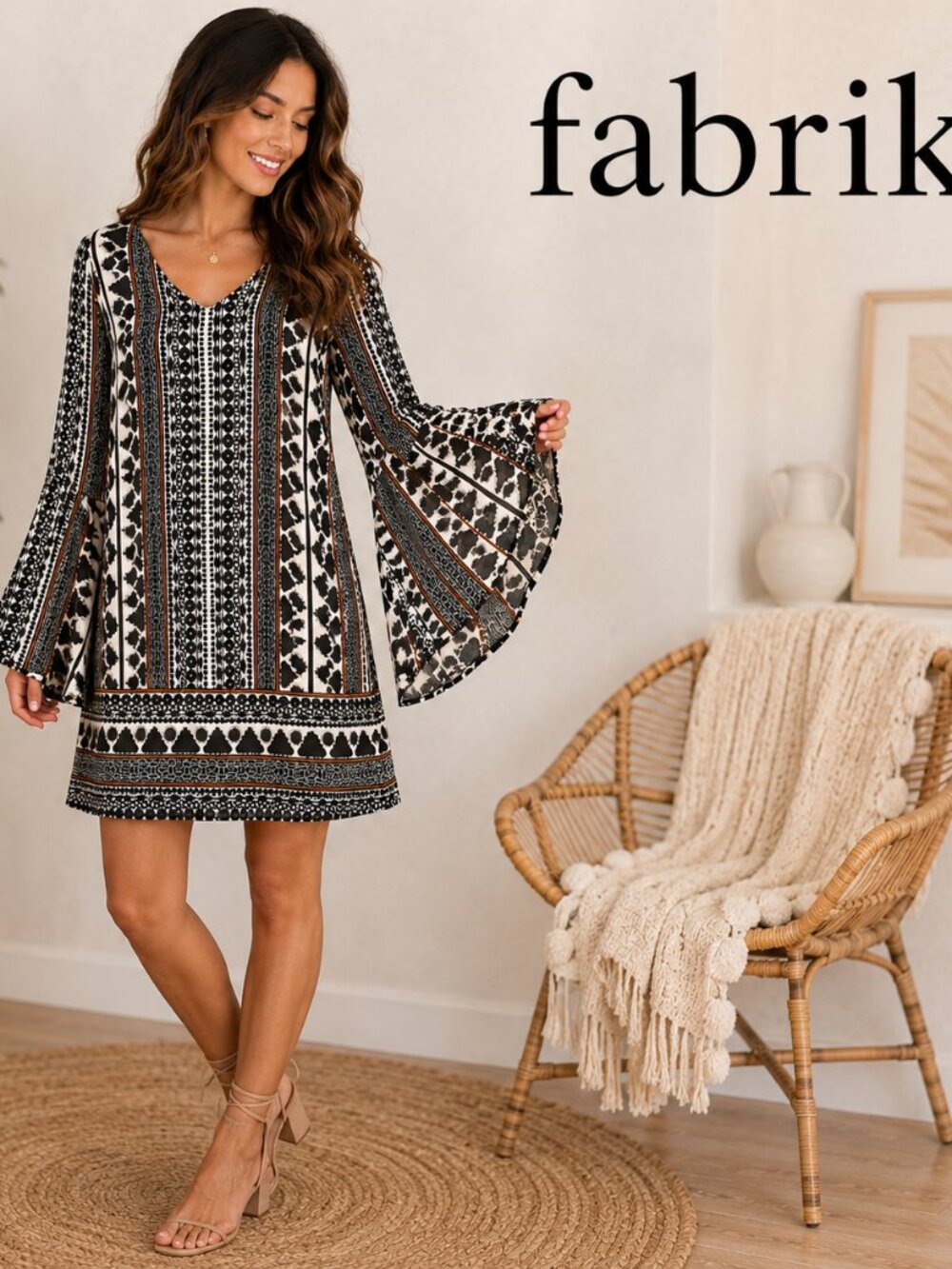Fab’rik Boho Geometric Print Bell Sleeve Mini Dress Small